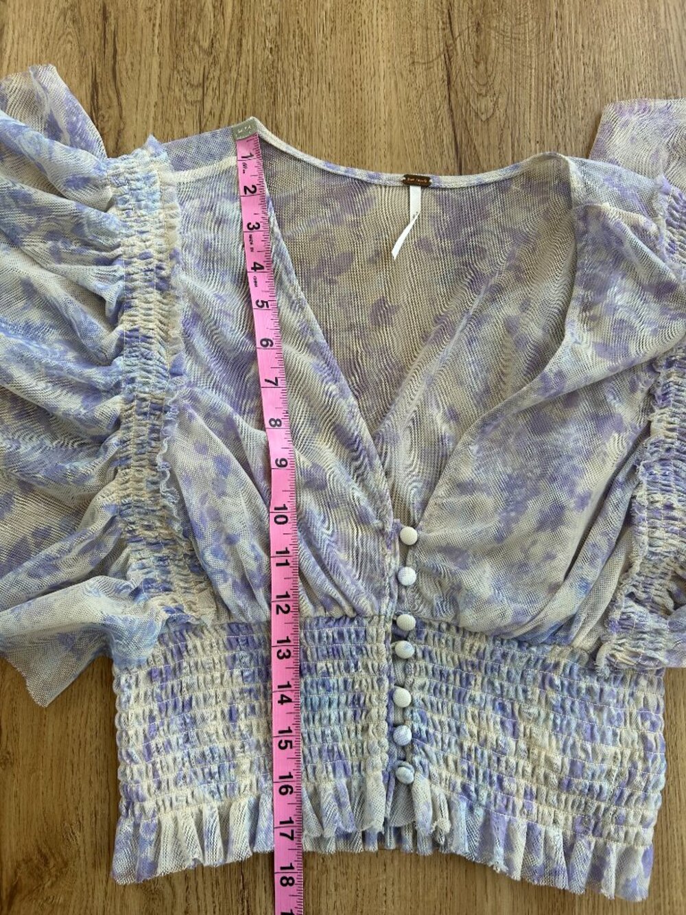 Free People Sugar Top Blue Floral Sheer Ruffle Crop Boho‎ Romantic Blouse M - Picture 8 of 9